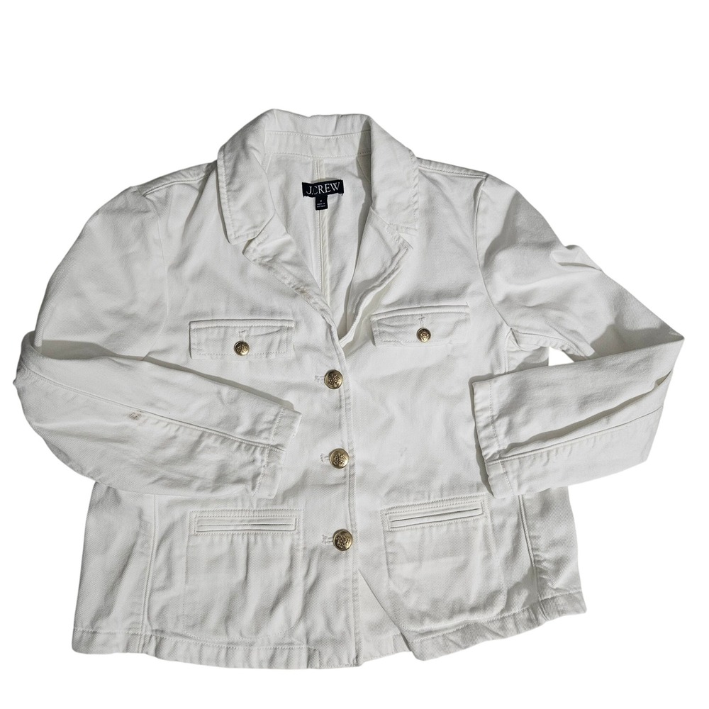 J.Crew Womens Size 2 White Denim Utility Military Jacket Gold Crest Buttons